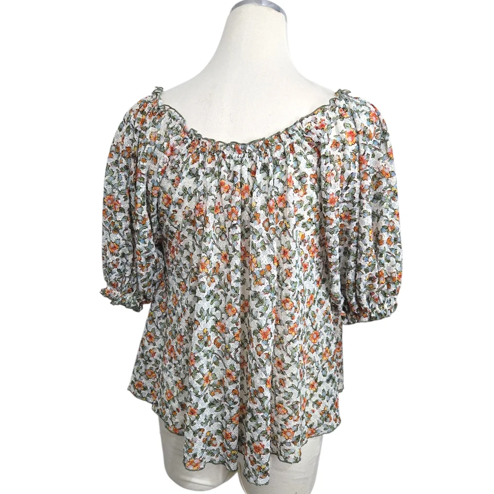 Women’s Floral Peasant Top - Cream with Orange & Green